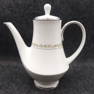 Noritake Trilby Coffee‎ Pot & Lid White Floral Silver Trim Elegant Tea Server